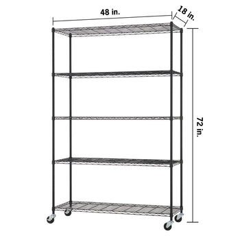 A 5-shelf black wire shelving unit on wheels, measuring 48 inches wide, 18 inches deep, and 72 inches tall. Each dimension is clearly labeled with a line indicating the total span of the industrial-style rack.