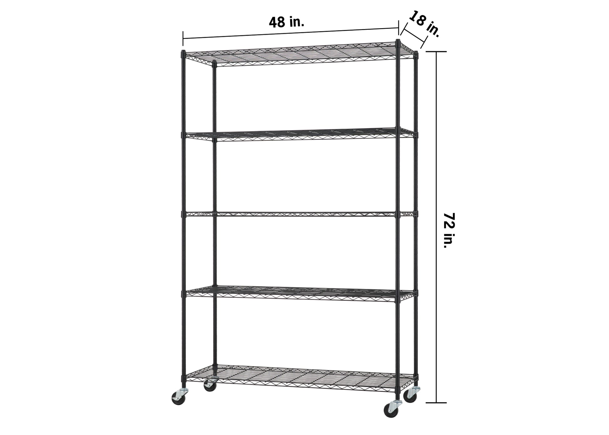 A 5-shelf black wire shelving unit on wheels, measuring 48 inches wide, 18 inches deep, and 72 inches tall. Each dimension is clearly labeled with a line indicating the total span of the industrial-style rack.