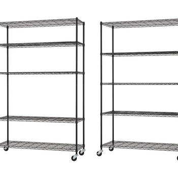 Two nearly identical, tall, black wire shelving units are shown side-by-side on a white background. Each unit has five adjustable wire shelves and is mounted on caster wheels for mobility.