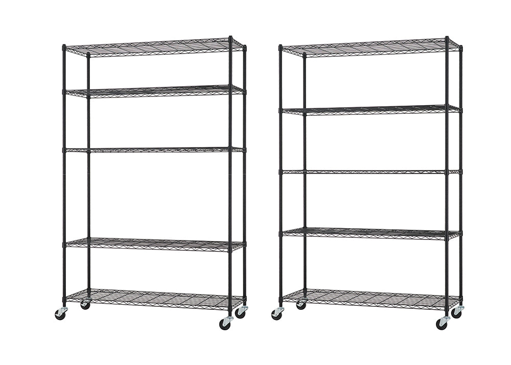 Two nearly identical, tall, black wire shelving units are shown side-by-side on a white background. Each unit has five adjustable wire shelves and is mounted on caster wheels for mobility.