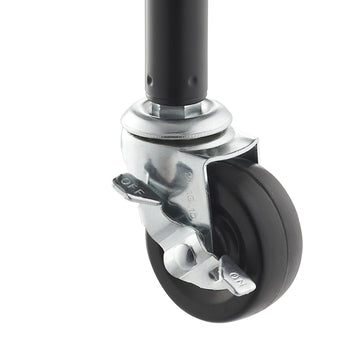 A close-up image shows a swivel caster wheel with a black rubber wheel and a metal mounting plate. A locking lever is visible on the side with 