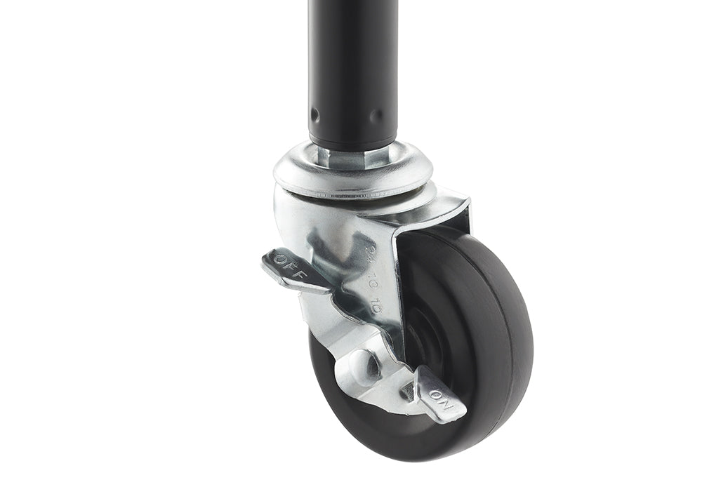 A close-up image shows a swivel caster wheel with a black rubber wheel and a metal mounting plate. A locking lever is visible on the side with "ON" and "OFF" indicators for engaging the brake.
