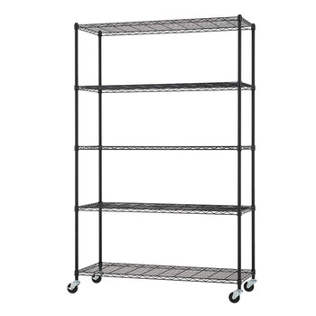 A tall, black five-tier wire shelving unit is shown with a black finish. The unit stands on four locking caster wheels and is suitable for storage in garages, pantries, or commercial spaces.