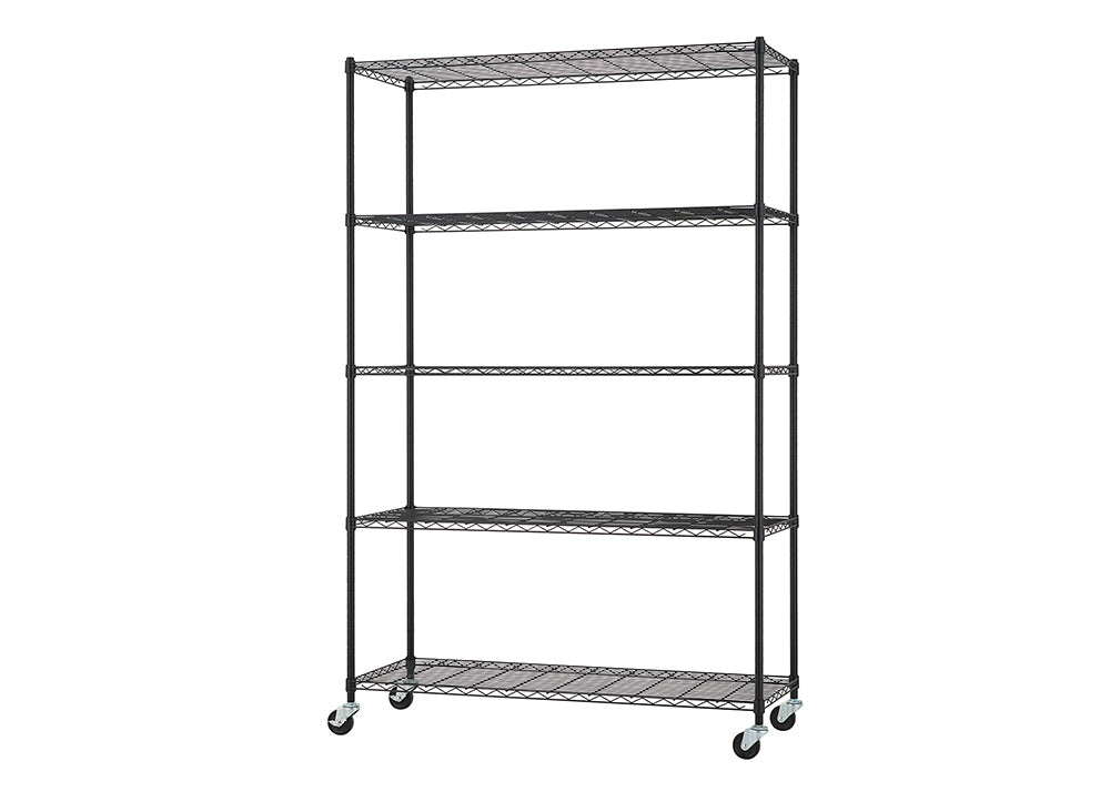 A tall, black five-tier wire shelving unit is shown with a black finish. The unit stands on four locking caster wheels and is suitable for storage in garages, pantries, or commercial spaces.