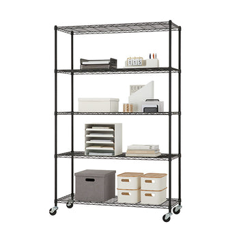A five-tier rolling wire shelving unit with a black finish is organized with various office supplies and storage boxes. The shelves hold paperwork, file organizers, storage bins with lids, and a calendar, suggesting use in a home office or professional workspace.