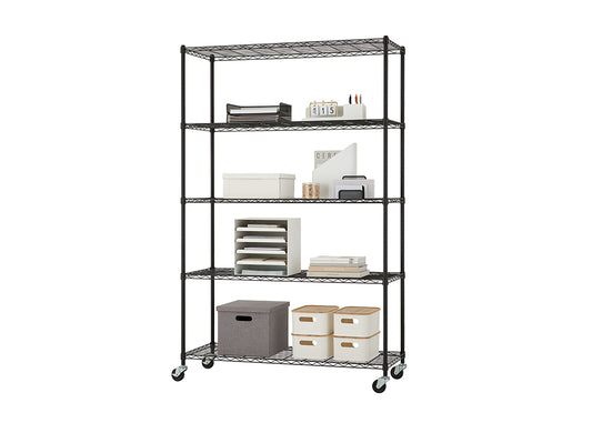 A five-tier rolling wire shelving unit with a black finish is organized with various office supplies and storage boxes. The shelves hold paperwork, file organizers, storage bins with lids, and a calendar, suggesting use in a home office or professional workspace.