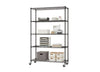 A five-tier rolling wire shelving unit with a black finish is organized with various office supplies and storage boxes. The shelves hold paperwork, file organizers, storage bins with lids, and a calendar, suggesting use in a home office or professional workspace.