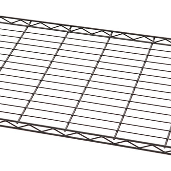 A close-up view of a dark wire shelving unit, showing the grid pattern of the metal wires. The shelf's edges feature a triangular truss structure for support and rigidity.