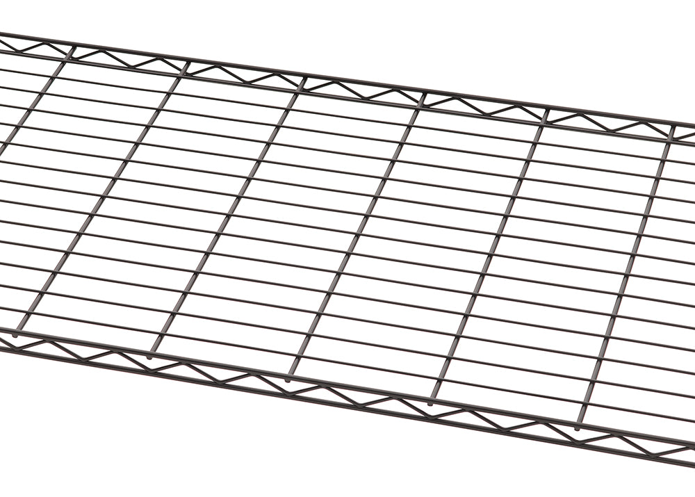 A close-up view of a dark wire shelving unit, showing the grid pattern of the metal wires. The shelf's edges feature a triangular truss structure for support and rigidity.