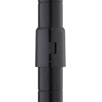 A close-up image shows a black plastic clip holding two sections of a smooth, black metal pole together. The pole appears to be a component of a shelving unit, with subtle rings indicating where other sections or shelves attach.