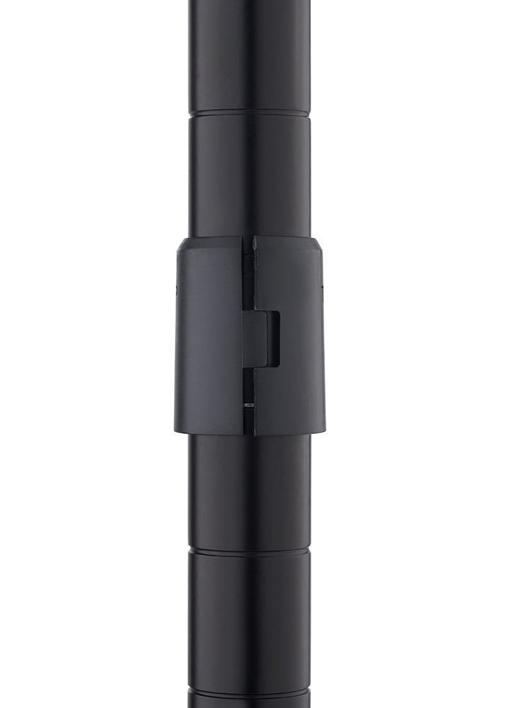 A close-up image shows a black plastic clip holding two sections of a smooth, black metal pole together. The pole appears to be a component of a shelving unit, with subtle rings indicating where other sections or shelves attach.