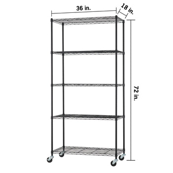 A five-tier black wire shelving unit on wheels, with dimensions labeled as 36 inches wide, 18 inches deep, and 72 inches tall. The storage rack features an open-grid design and includes four swivel casters for mobility.