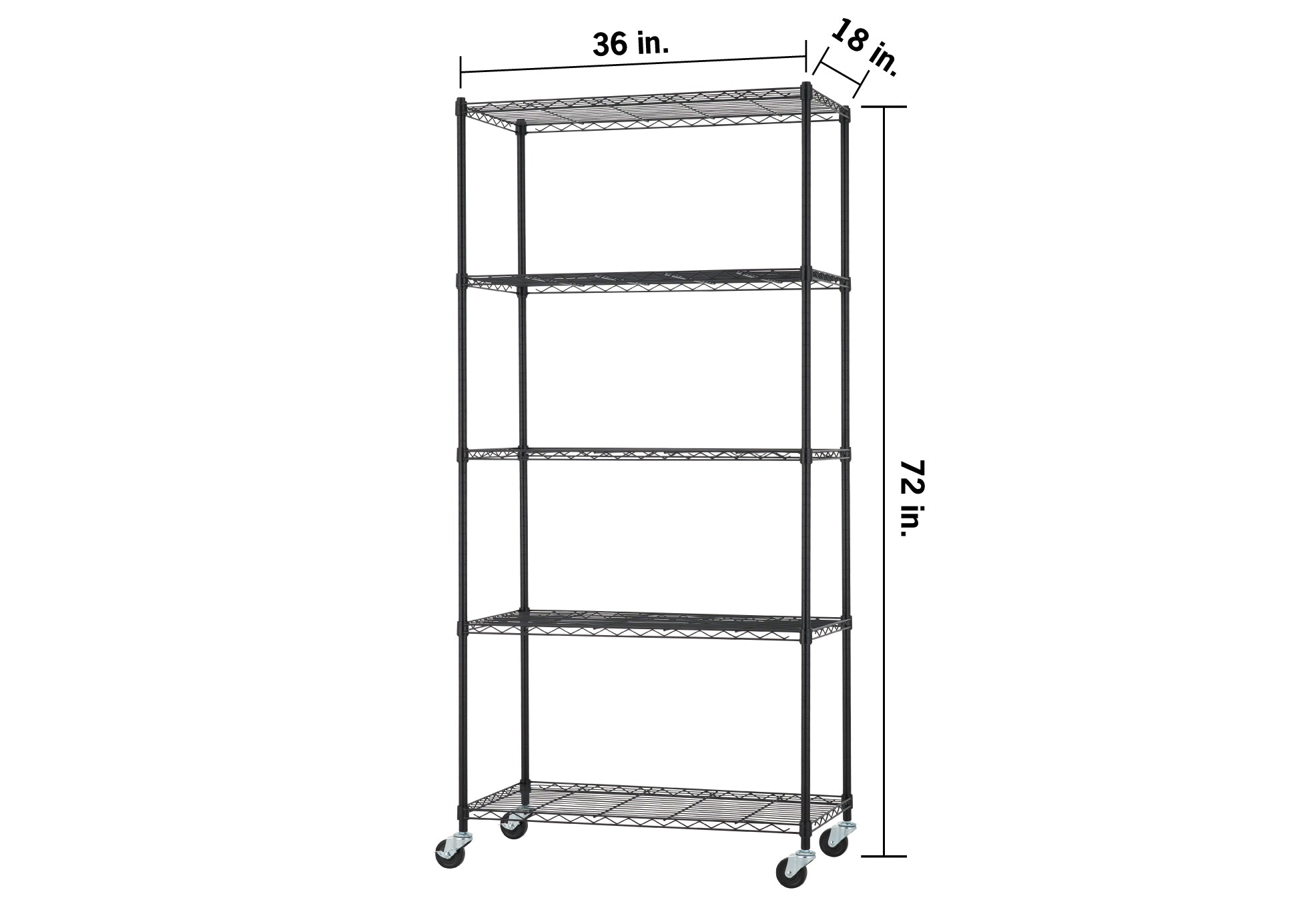 A five-tier black wire shelving unit on wheels, with dimensions labeled as 36 inches wide, 18 inches deep, and 72 inches tall. The storage rack features an open-grid design and includes four swivel casters for mobility.
