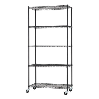 This is a tall, black wire shelving unit with five adjustable shelves and is mounted on locking caster wheels for mobility. The unit appears sturdy and is typical of commercial-style storage racks often used in garages, pantries, or kitchens.