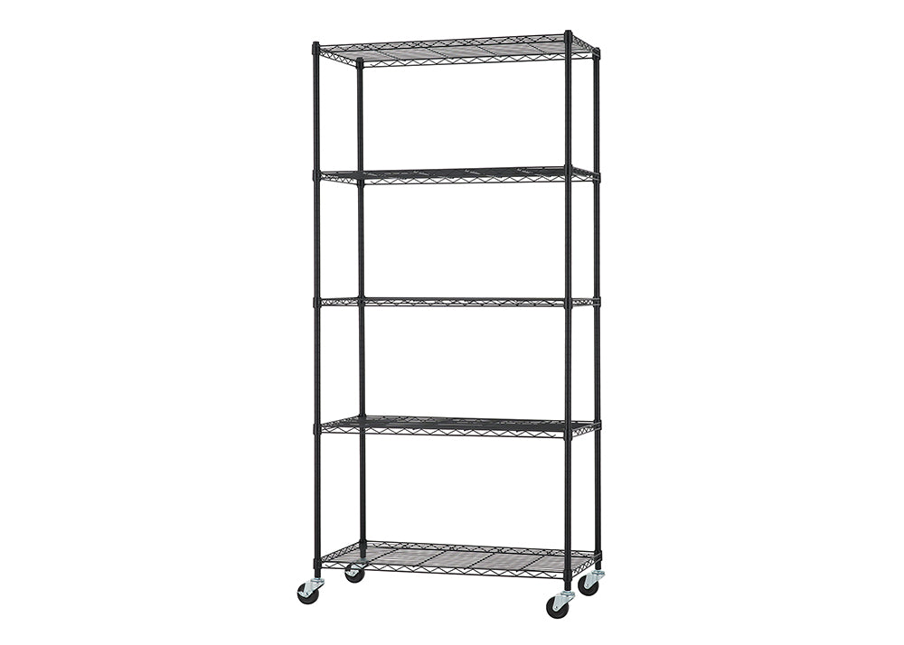 This is a tall, black wire shelving unit with five adjustable shelves and is mounted on locking caster wheels for mobility. The unit appears sturdy and is typical of commercial-style storage racks often used in garages, pantries, or kitchens.