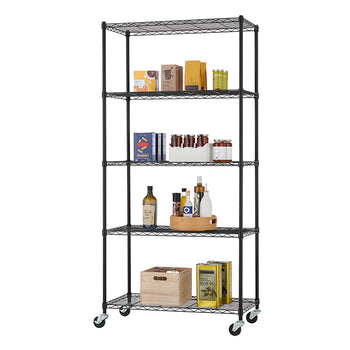 A five-tier, black wire shelving unit on wheels, likely used for storage in a kitchen or pantry. The shelves are organized with various kitchen items, including boxed and bagged dry goods, canned and jarred foods, bottles of olive oil, and a wooden crate on the bottom shelf.