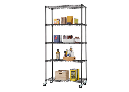 A five-tier, black wire shelving unit on wheels, likely used for storage in a kitchen or pantry. The shelves are organized with various kitchen items, including boxed and bagged dry goods, canned and jarred foods, bottles of olive oil, and a wooden crate on the bottom shelf.