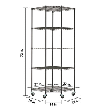 A five-tier, black wire corner shelving unit on wheels is shown with various measurements labeled. The unit stands 72 inches tall, with the back sides measuring 27 inches each and the front face measuring 14 inches wide.