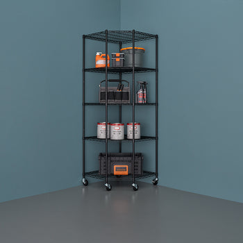 A tall, five-tier, black wire corner shelving unit on casters is shown, holding various cleaning and storage supplies against a blue-gray wall. The shelves contain items like buckets, tool bags, paint cans, spray bottles, and a large black and orange storage crate.