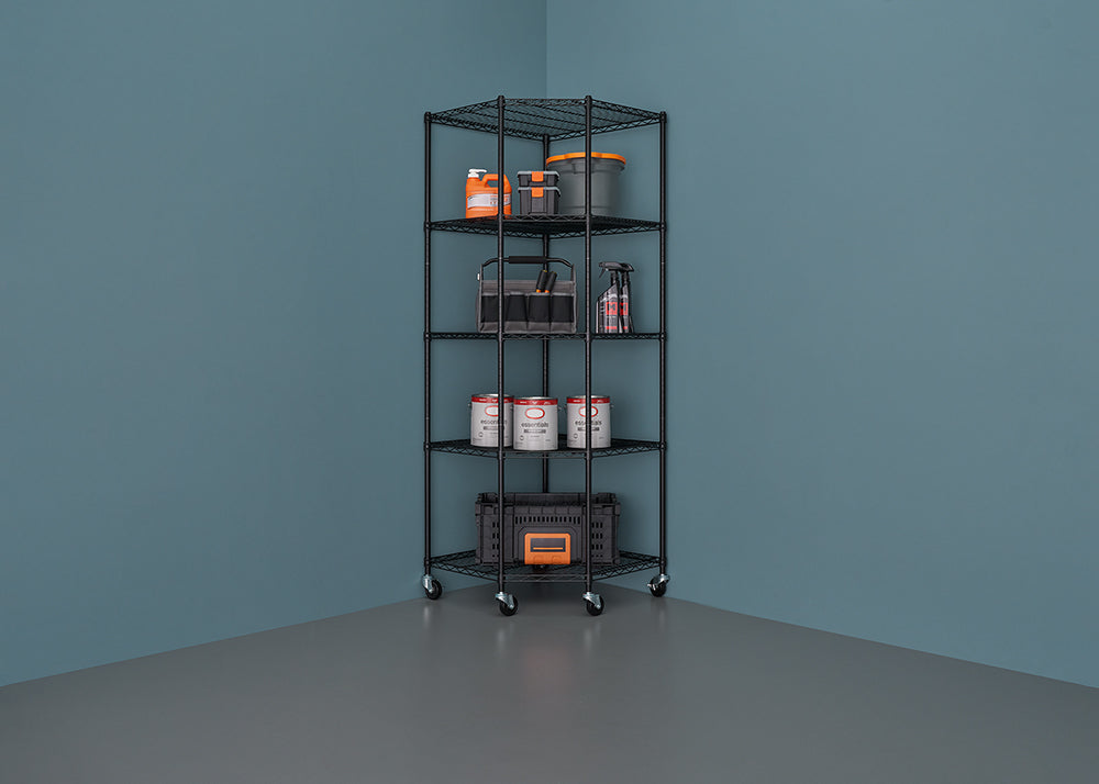 A tall, five-tier, black wire corner shelving unit on casters is shown, holding various cleaning and storage supplies against a blue-gray wall. The shelves contain items like buckets, tool bags, paint cans, spray bottles, and a large black and orange storage crate.