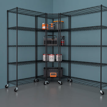 A five-shelf, black wire shelving unit is configured to fit into a corner against a blue-gray wall. The shelves hold various garage or utility items, including cleaning supplies, tools, paint cans, and storage bins, and the unit is on locking caster wheels for mobility.