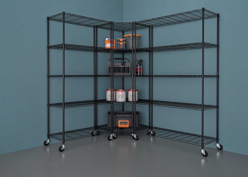 A five-shelf, black wire shelving unit is configured to fit into a corner against a blue-gray wall. The shelves hold various garage or utility items, including cleaning supplies, tools, paint cans, and storage bins, and the unit is on locking caster wheels for mobility.