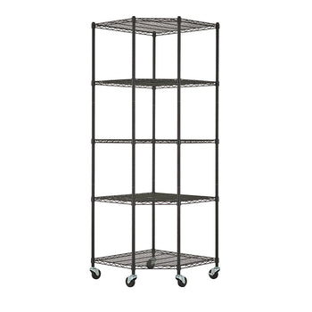 A five-tier, black wire corner shelving unit with caster wheels for mobility. The shelves are triangular, designed to fit snugly into a corner for efficient storage.