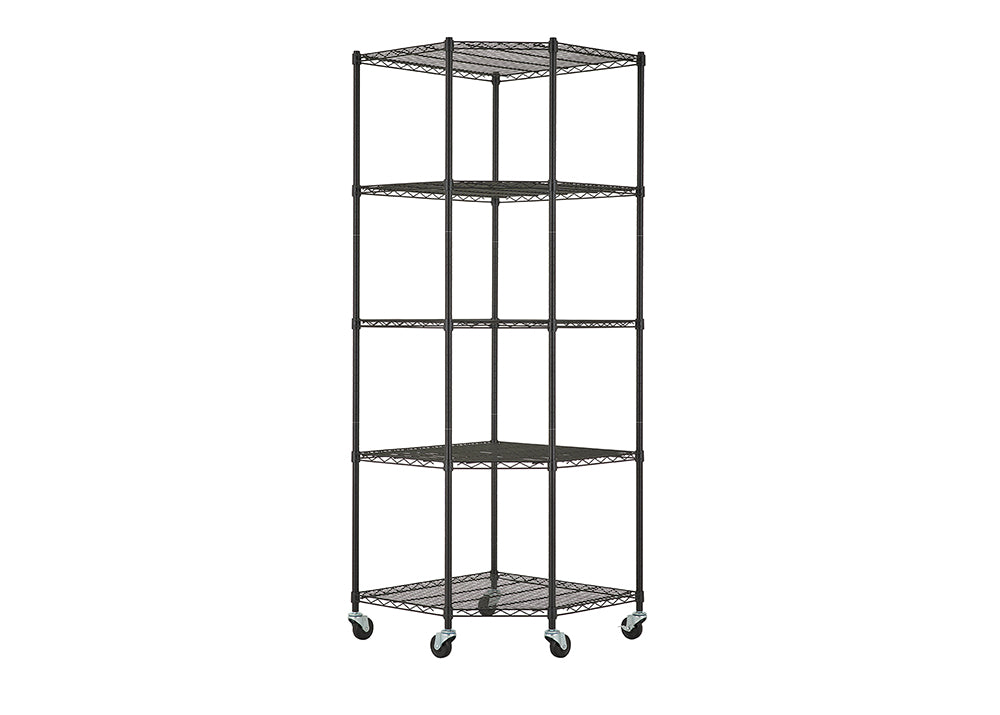A five-tier, black wire corner shelving unit with caster wheels for mobility. The shelves are triangular, designed to fit snugly into a corner for efficient storage.