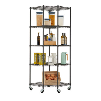 A tall, five-shelf, black wire shelving unit with wheels is pictured, holding various pantry items. The shelves are filled with clear storage containers of pasta and flour, bottles of oil and vinegar, various boxed goods, kitchen accessories, and a wooden crate of onions.