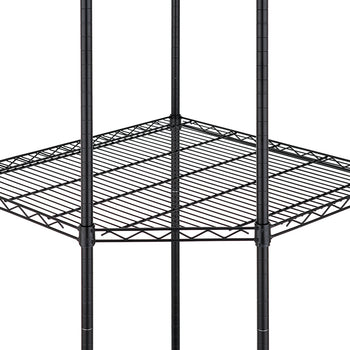 A close-up image shows a black wire shelving unit designed for a corner. The triangular shelf is supported by five vertical metal posts, suggesting a heavy-duty, multi-tier storage solution.