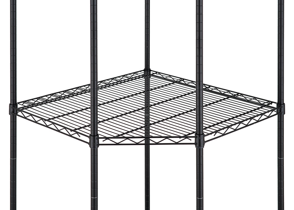 A close-up image shows a black wire shelving unit designed for a corner. The triangular shelf is supported by five vertical metal posts, suggesting a heavy-duty, multi-tier storage solution.
