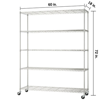 A five-tier chrome wire shelving unit on wheels with dimensions of 60 inches wide, 18 inches deep, and 72 inches high. The image features black line indicators and text labels to specify the measurements of each side.