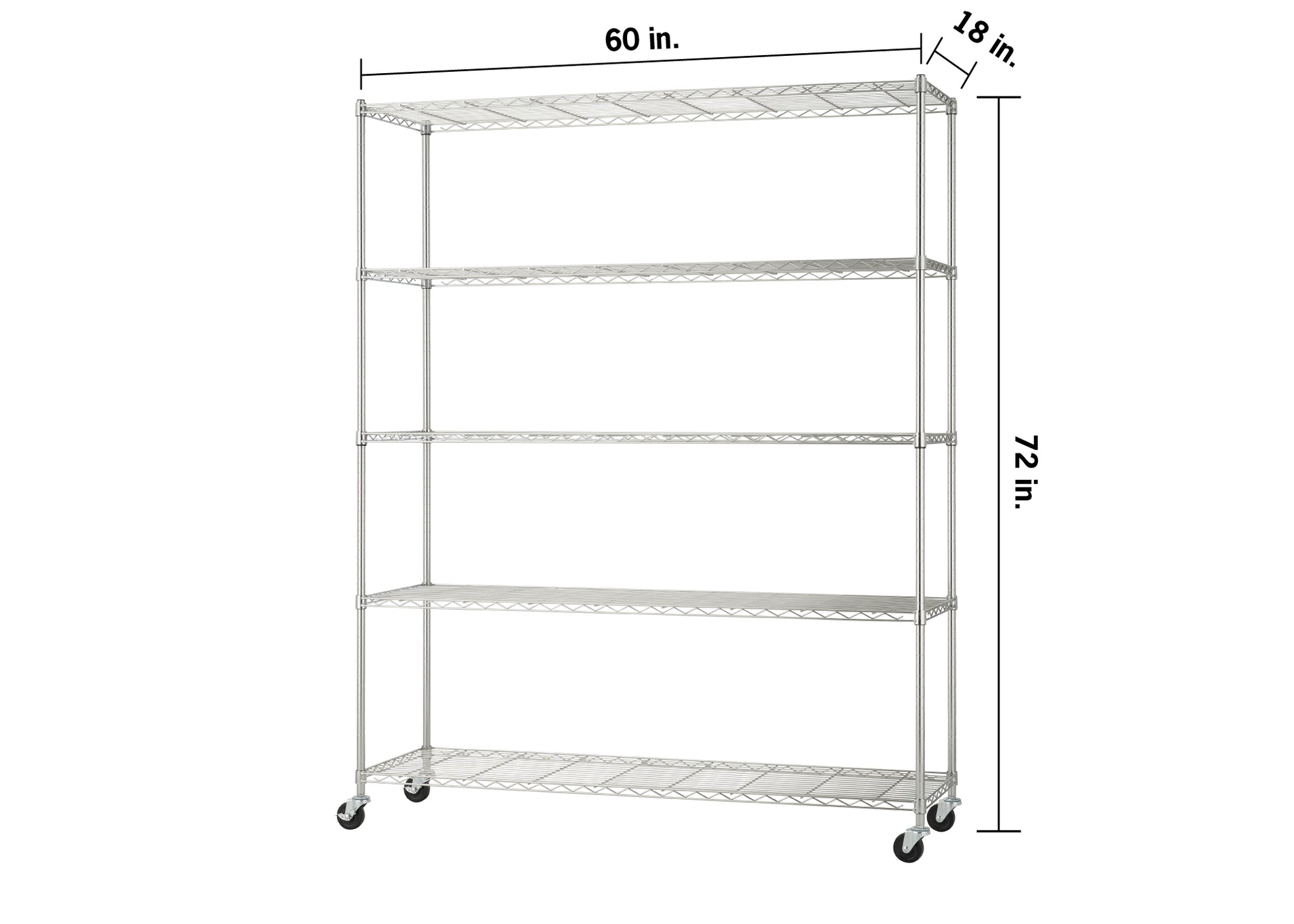 A five-tier chrome wire shelving unit on wheels with dimensions of 60 inches wide, 18 inches deep, and 72 inches high. The image features black line indicators and text labels to specify the measurements of each side.