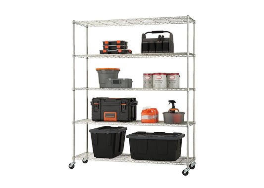 A five-shelf chrome wire shelving unit with caster wheels is shown, filled with various storage items for a garage or workshop. Contents include toolboxes, paint cans, cleaning supplies, and durable black and gray plastic storage bins.