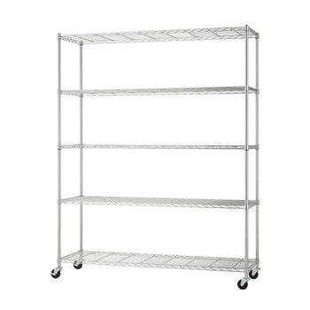 A large, tall five-tier wire shelving unit is shown, made of chrome or stainless steel, with all shelves visible. The unit is on four caster wheels for mobility, suggesting use for commercial, garage, or heavy-duty storage.