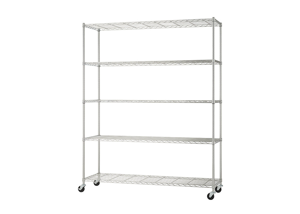 A large, tall five-tier wire shelving unit is shown, made of chrome or stainless steel, with all shelves visible. The unit is on four caster wheels for mobility, suggesting use for commercial, garage, or heavy-duty storage.