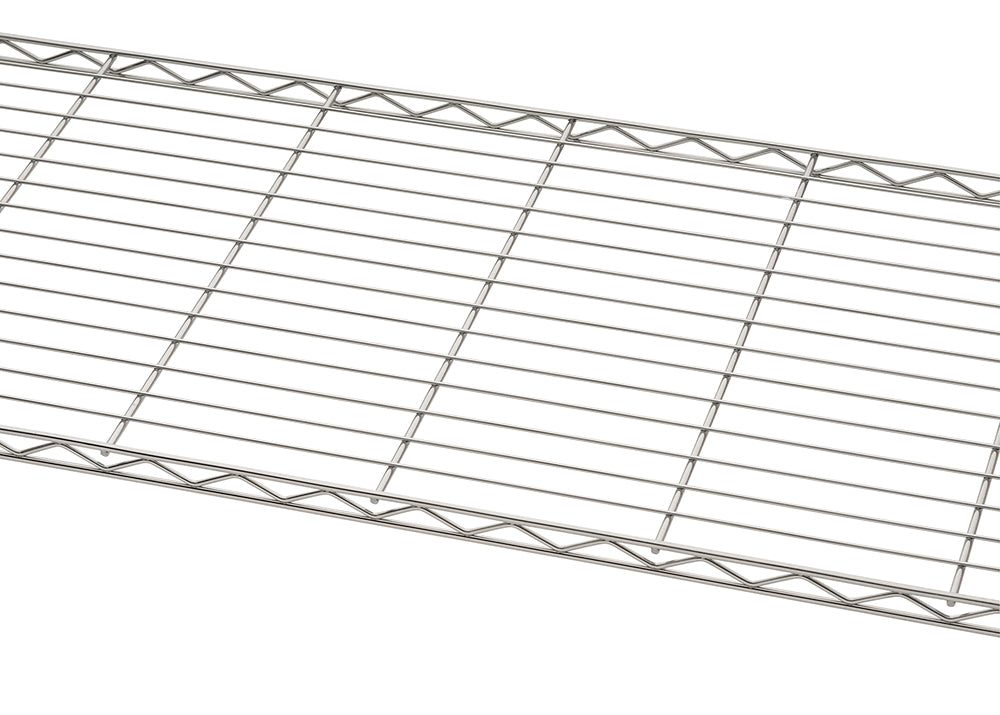 A close-up view of a chrome wire shelf section, showing the grid pattern of horizontal and vertical metal wires. The shelf edge has a triangular truss design for added support and strength.