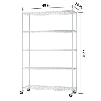 A five-tier chrome wire shelving unit on wheels with dimensions labeled as 48 inches wide, 18 inches deep, and 72 inches high. The image features a clean, white background, emphasizing the industrial design of the adjustable storage rack.