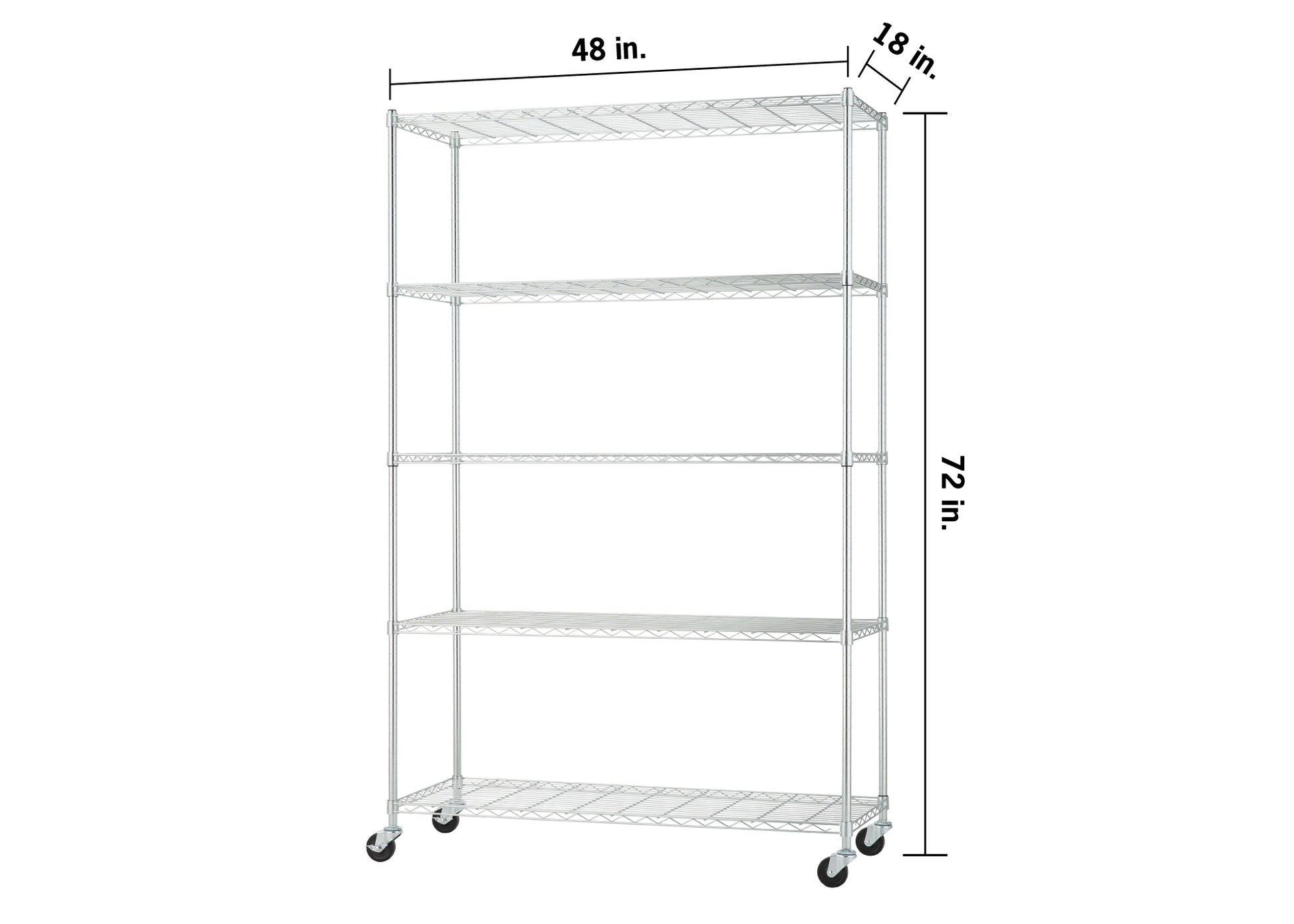 A five-tier chrome wire shelving unit on wheels with dimensions labeled as 48 inches wide, 18 inches deep, and 72 inches high. The image features a clean, white background, emphasizing the industrial design of the adjustable storage rack.