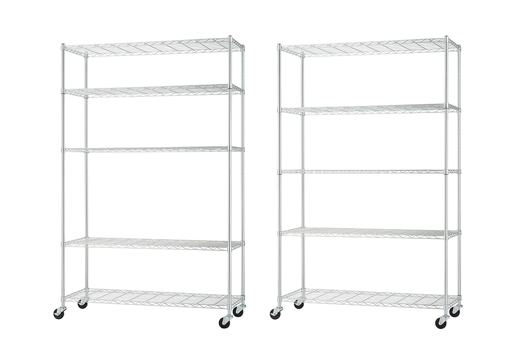 A full-length photo showing two identical, five-shelf wire shelving units on casters. The units are made of chrome-plated metal and are positioned side-by-side against a white background.