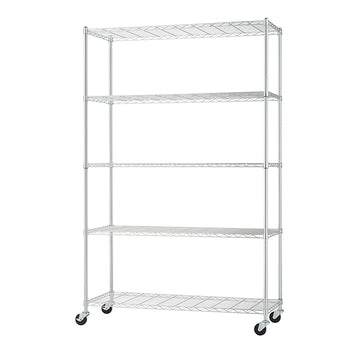 A large, five-tier chrome wire shelving unit is shown with four caster wheels on the bottom. The open-wire design is ideal for storage in a garage, pantry, kitchen, or utility area.