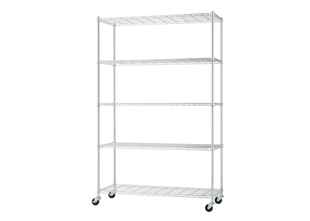 A large, five-tier chrome wire shelving unit is shown with four caster wheels on the bottom. The open-wire design is ideal for storage in a garage, pantry, kitchen, or utility area.