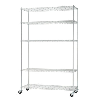 A tall, five-tier chrome wire shelving unit is shown with adjustable shelves and four locking caster wheels on the bottom. The open-wire design is ideal for storage in kitchens, garages, or retail environments.