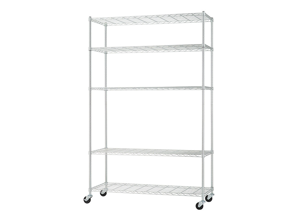 A tall, five-tier chrome wire shelving unit is shown with adjustable shelves and four locking caster wheels on the bottom. The open-wire design is ideal for storage in kitchens, garages, or retail environments.