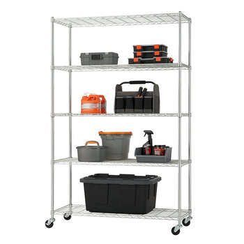 A five-tier chrome wire shelving unit on wheels is shown, fully stocked with various garage or utility items. The shelves hold items like toolboxes, a large black storage bin, cleaning supplies, utility buckets, and cans of liquid, demonstrating its use for organized storage.