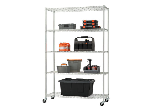 A five-tier chrome wire shelving unit on wheels is shown, fully stocked with various garage or utility items. The shelves hold items like toolboxes, a large black storage bin, cleaning supplies, utility buckets, and cans of liquid, demonstrating its use for organized storage.