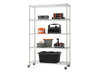 A five-tier chrome wire shelving unit on wheels is shown, fully stocked with various garage or utility items. The shelves hold items like toolboxes, a large black storage bin, cleaning supplies, utility buckets, and cans of liquid, demonstrating its use for organized storage.