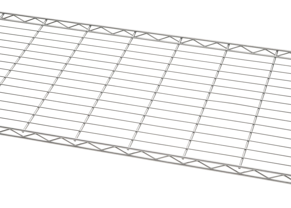 A close-up image shows a silver wire shelving unit with a grid pattern. The metal wires are straight and perpendicular, reinforced by a triangular truss design along the front and back edges.