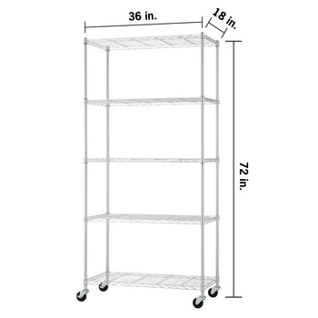 A five-tier chrome wire shelving unit on wheels with dimensions of 36 inches wide, 18 inches deep, and 72 inches high. The image features black text and arrows indicating these specific measurements along the top and right sides of the metal structure.