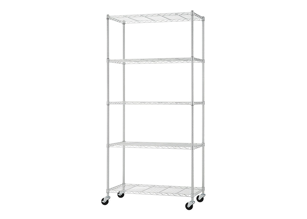 A five-tier, chrome wire shelving unit with adjustable shelves and caster wheels for mobility. The unit provides open, industrial-style storage space, often used in kitchens, pantries, garages, or retail environments.